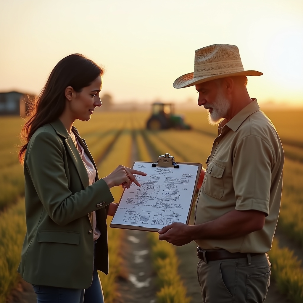 Consultor y agricultor revisando un diagrama de flujos de residuos en el campo